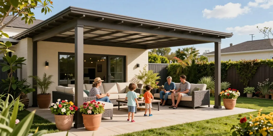Terrassenüberdachung freistehend im Garten, Familie genießt einen sonnigen Tag