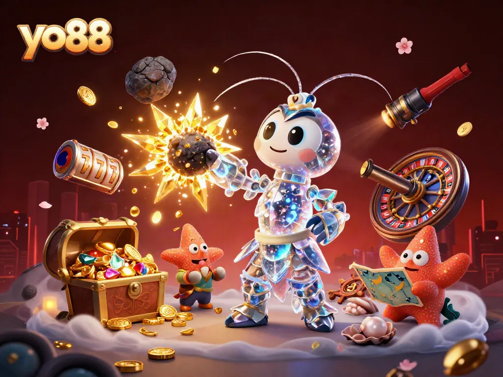 Engage with the vibrant scene of yo88 depicting a galactic samurai mantis shrimp in a casino-themed explosion of gems and coins.
