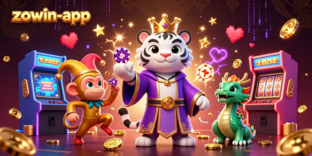 Experience the thrilling gaming atmosphere at zowin-app with a lively scene of characters and vibrant casino elements.