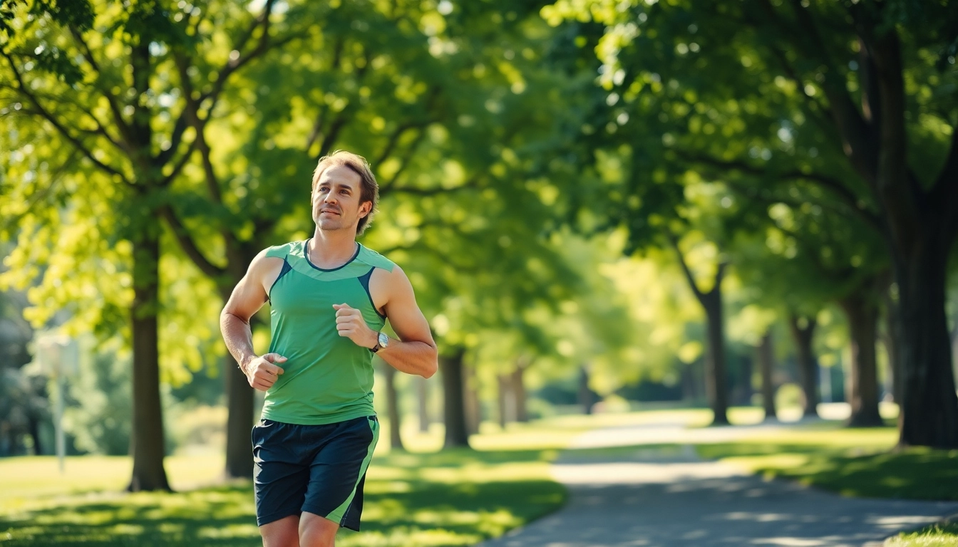 Gesunder Mensch joggt im Park zur Förderung von Gewichtsverlust.