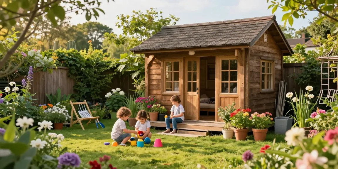 Wunderschönes Gartenhaus Holz im blühenden Garten mit spielenden Kindern und grüner Umgebung.