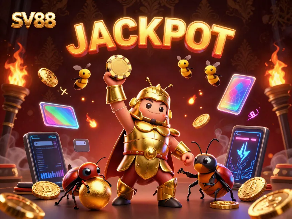 Engage with SV88 online casino featuring vibrant 3D beetle champions celebrating a jackpot.