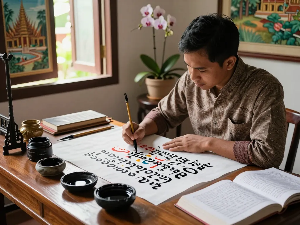 Fähiger Kalligraf, der in einer ruhigen Bildungsumgebung Khmer-Schrift schreibt und die Schönheit und Komplexität der Zeichen zeigt.