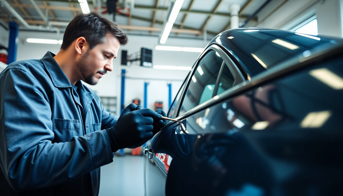 Effektive Dellenreparatur München mit Profi-Techniker, der eine Delle am Auto entfernt.