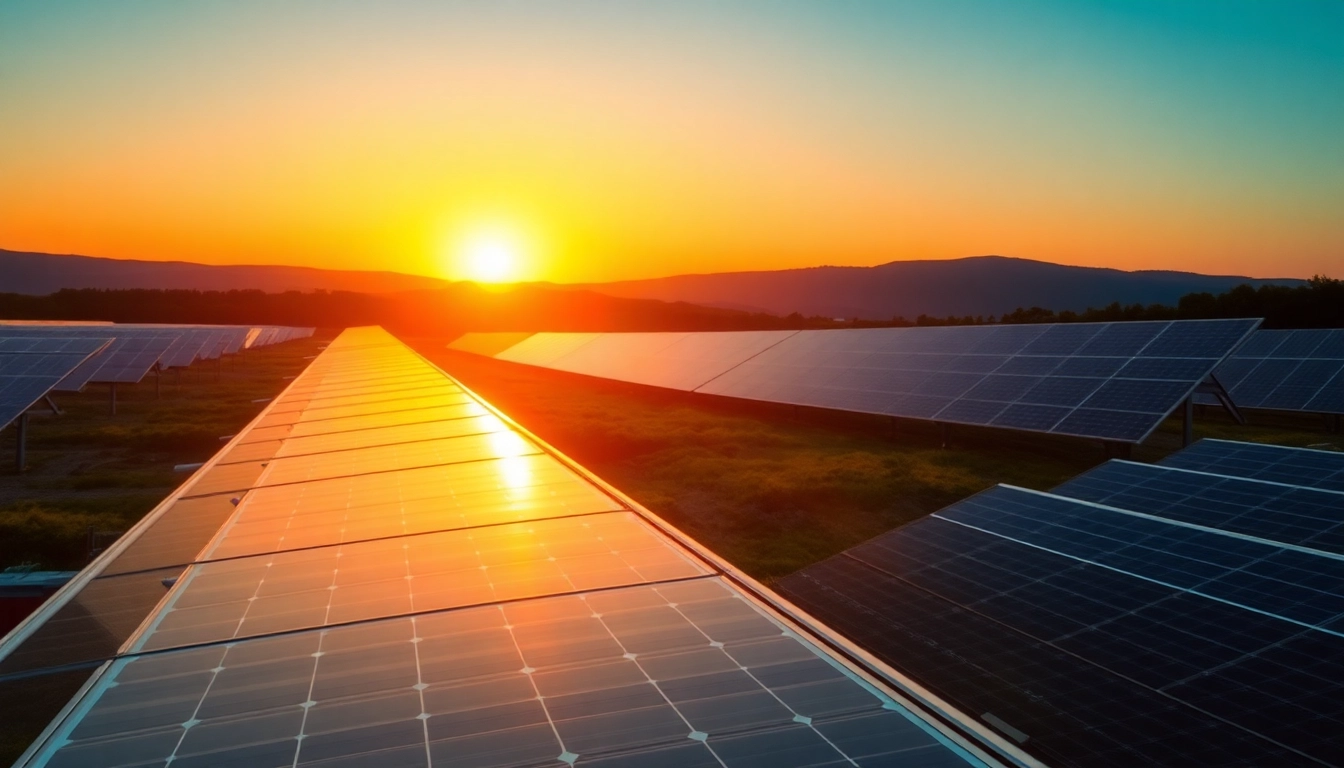 Illustration eines Solarparks als Symbol für erfolgreiche Photovoltaik Investments mit Sonnenuntergang im Hintergrund.