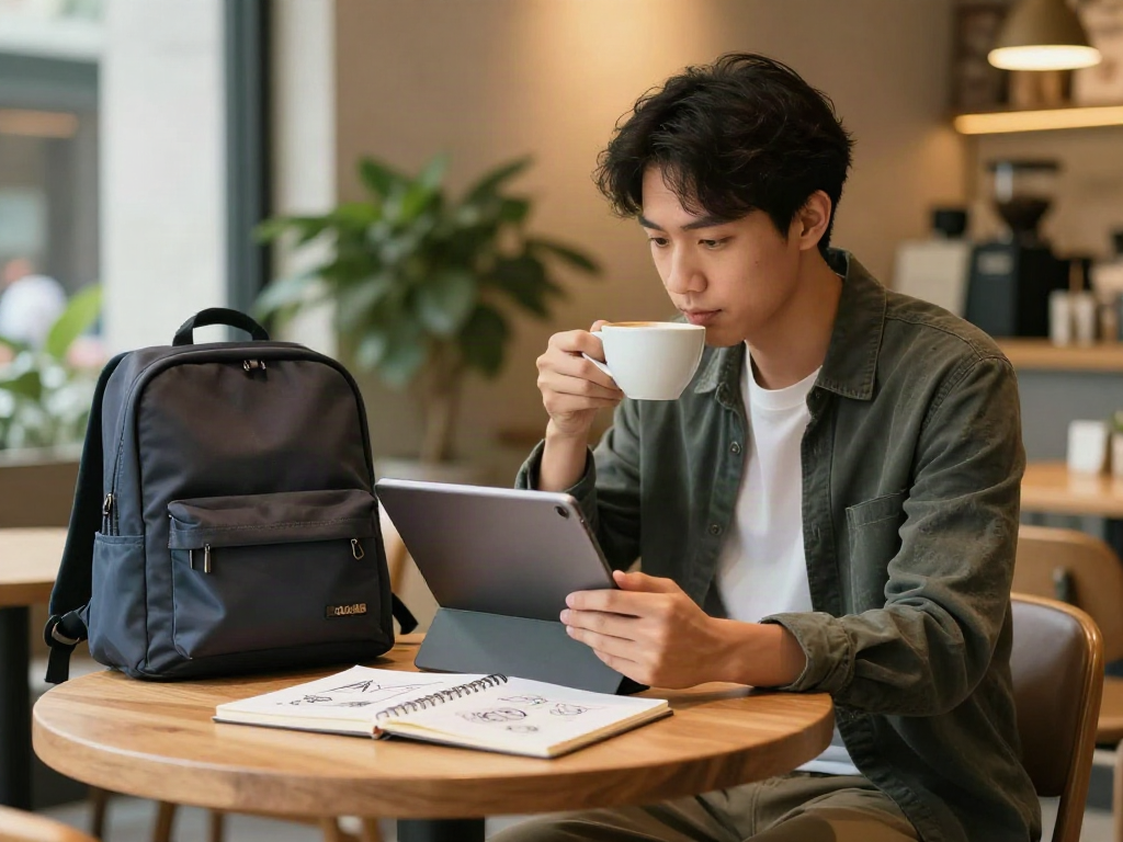Young professional exploring rokok88 in a trendy café while enjoying coffee.