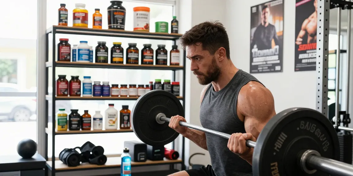 Bodybuilder im Anabolika Shop beim Training mit Steroiden für Muskelaufbau