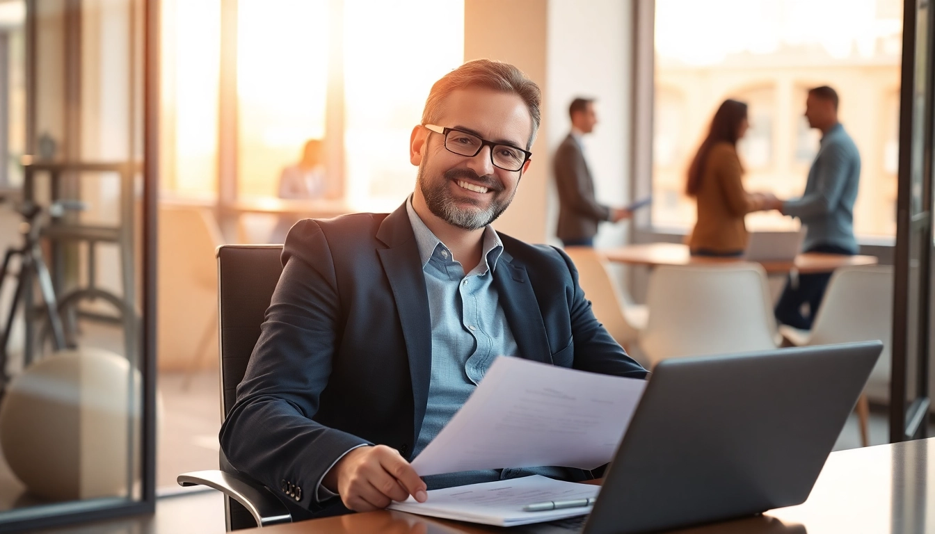 Professioneller Headhunter im Außendienst bei der Arbeit, unterstützt durch moderne Büroatmosphäre für Personalvermittlung Außendienst.