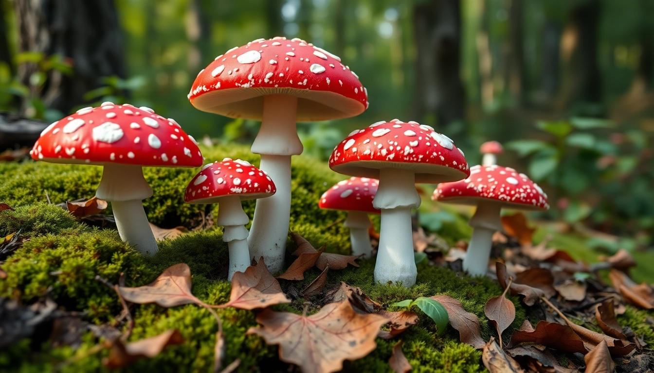 Fliegenpilz bestellen: Hochwertige Fliegenpilze mit charakteristischen roten Kappen und weißen Punkten im Wald.
