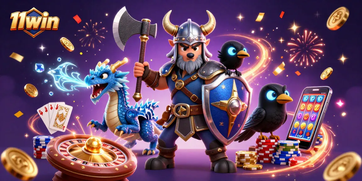 Experience thrilling gaming action at 11win with a dynamic illustration of Viking warrior, dragon, and poker chips.