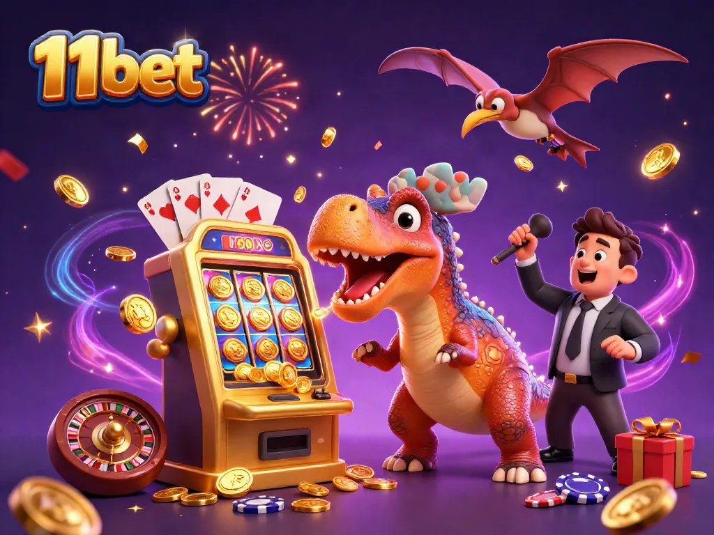 11bet features a dinosaur-themed casino scene with dynamic slot gameplay, golden coins, and vibrant colors.