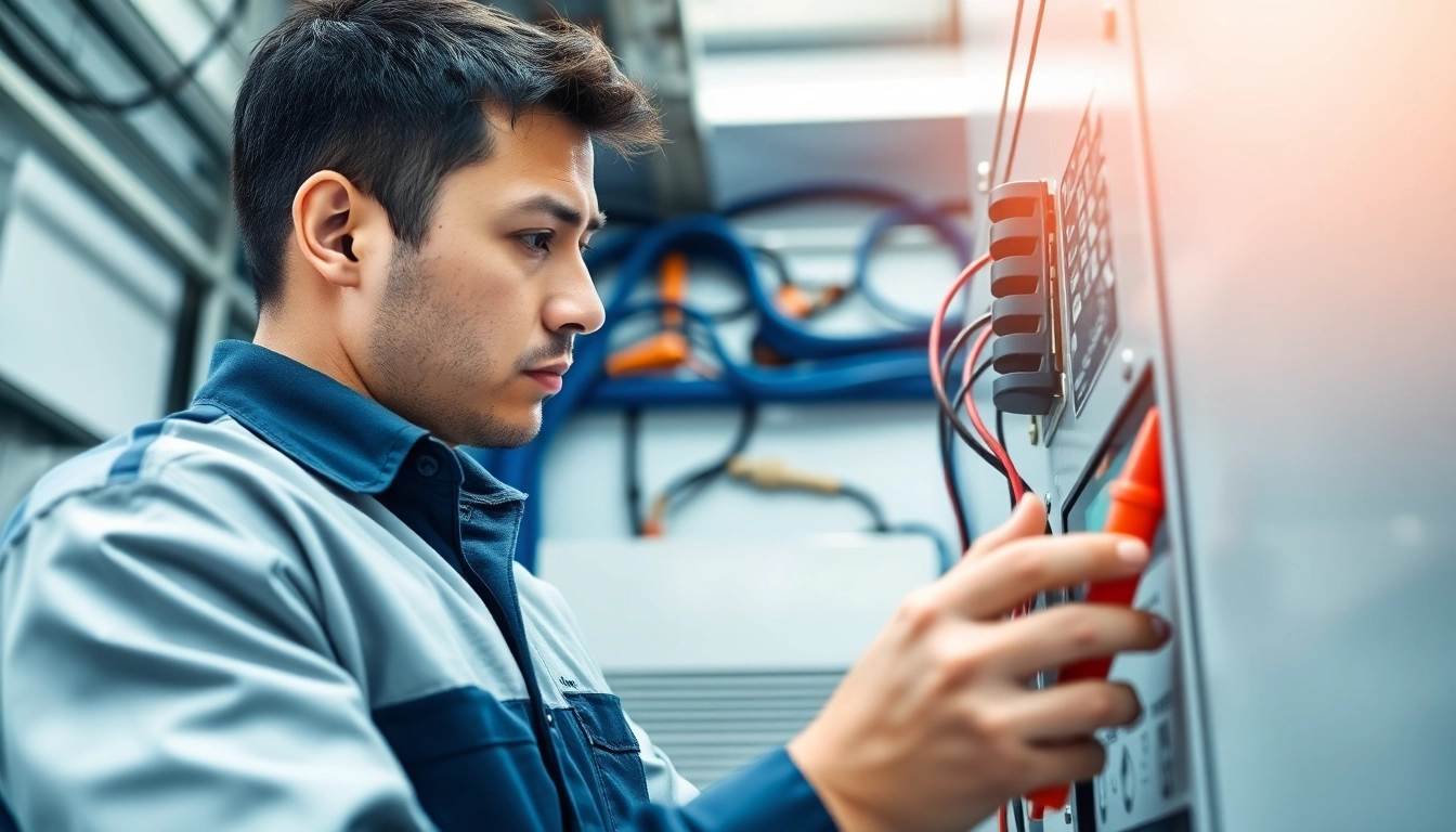 Technician conducting DGUV V3 Prüfung on electrical equipment with a multimeter for safety assurance.