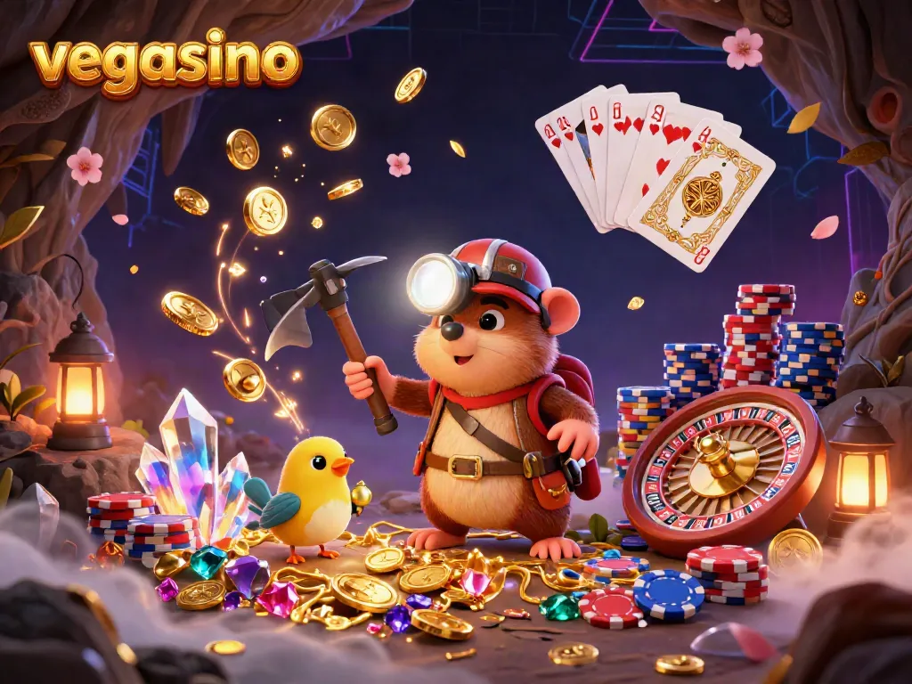 Experience exciting casino thrills with vegasino's treasure hunter and vibrant game elements in this 3D scene.