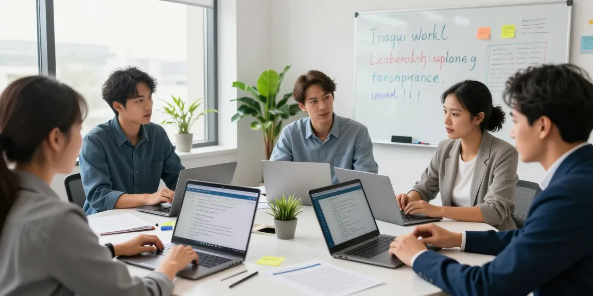 Firma bewerten: Gruppe von Fachleuten diskutiert Feedback zur Führungsqualität in modernem Büro.