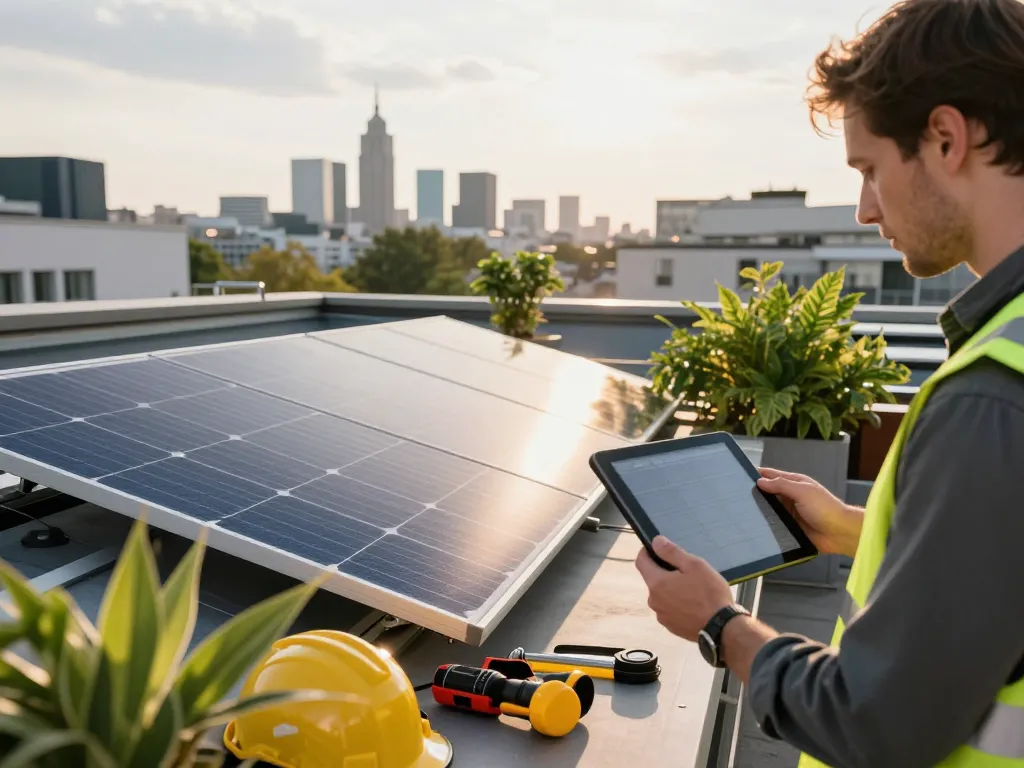 Hauseigentümer überprüft Photovoltaik Wien Solarpanels auf städtischem Dach.
