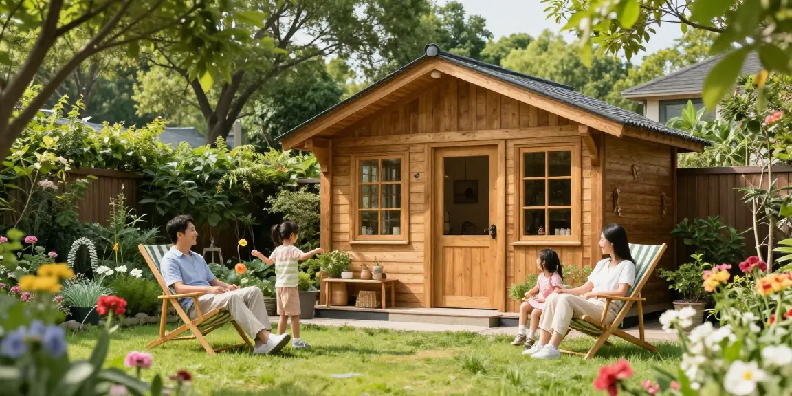 Charmantes Gartenhaus umgeben von blühenden Pflanzen und einer glücklichen Familie, ideal für Gartenliebhaber.